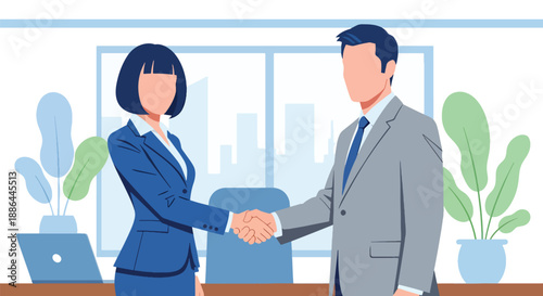 Vector illustration of a smiling businesswoman closing a deal, handshake, showing confidence, success, and modern professional charm in flat vector style