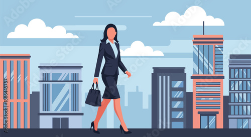 Vector illustration of a stylish young businesswoman walking confidently through the city, showing elegance, ambition, and modern female leadership in flat vector design