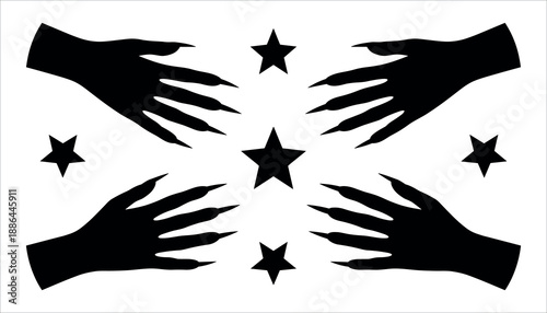 Black silhouette of four hands and stars on white background