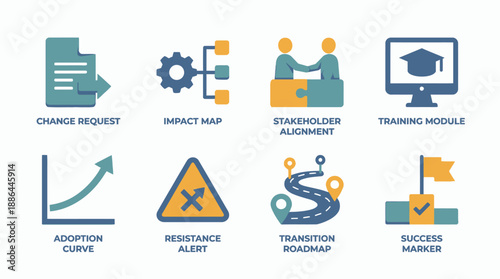 Organizational Change Management Icons Set. Includes Change Request, Impact, Stakeholder Alignment, Training, Adoption Curve, and Transition Roadmap.