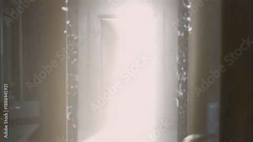 A dark room with a doorway flooded with bright light
