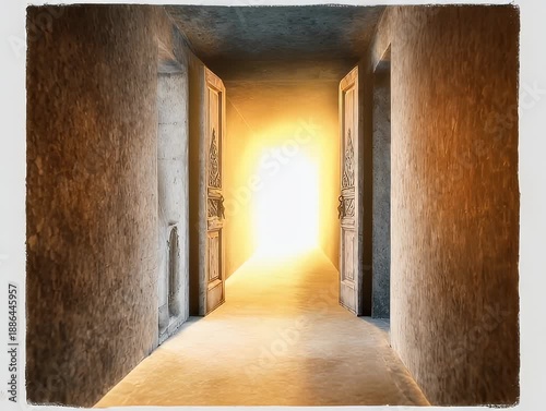 A narrow hallway with doors opens to a brilliant light