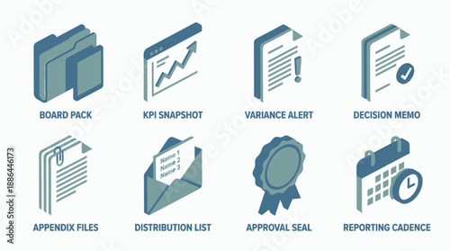 Isometric Business Reporting Icons Set. Financial Management, Corporate Governance, and Administrative Document Icons including KPI, Decision Memo, and Approval Seal.