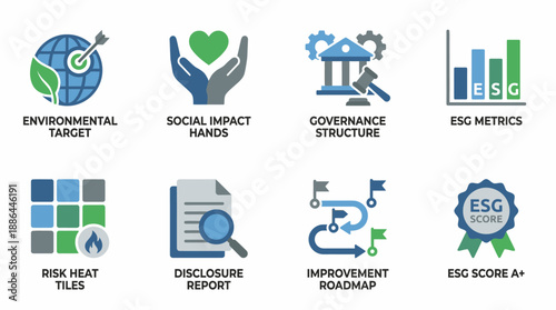 ESG Icons Set: Environmental, Social, and Governance Structure, Metrics, Risk, Disclosure Report, Roadmap, and Score Vector Symbols