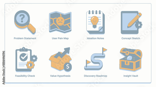 Product Discovery Process Icons: Business Strategy, UX Research Workflow, Ideation, Value Hypothesis, and Feasibility Check