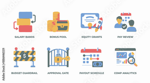 Modern 3D Compensation Strategy Icons Set. Payroll, HR, Benefits, Pay Review, Salary Bands, Budget, and Analytics Vector Graphics.