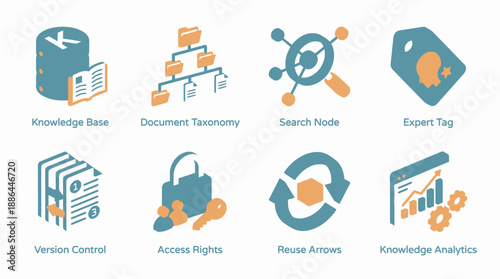 Knowledge Management and Information Governance 3D Isometric Icons Set. Data Organization, Access Rights, Version Control, and Analytics Symbols.