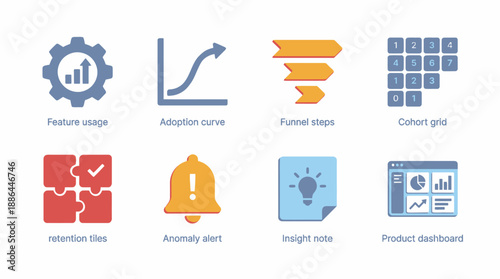 3D SaaS Metrics and Product Analytics Icon Set. Data Visualization Symbols: Adoption Curve, Feature Usage, Funnel, Retention, Dashboard, and Alert.