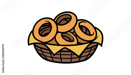 Brown basket with bagels on yellow napkin solid in white background