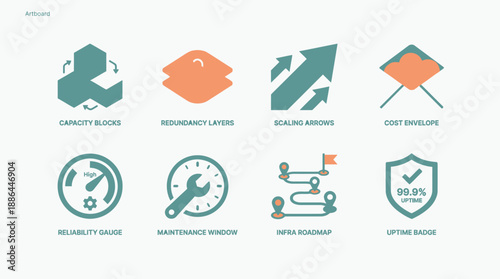 DevOps, IT Infrastructure, and Cloud Computing Icons Set. Includes Capacity, Scaling, Redundancy, Uptime, Reliability, Roadmap, Cost, Maintenance Window.
