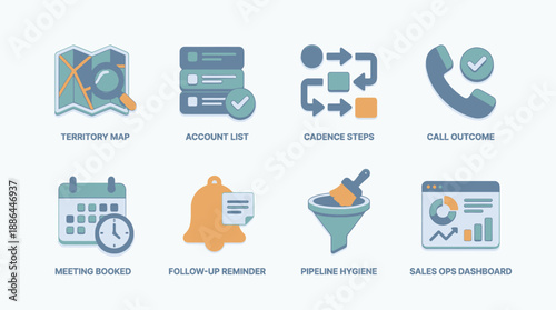 Sales Operations (Sales Ops) and CRM Icon Set: Territory Map, Pipeline Hygiene, Dashboard, Process, Meeting, Follow-up Reminders in 3D Style