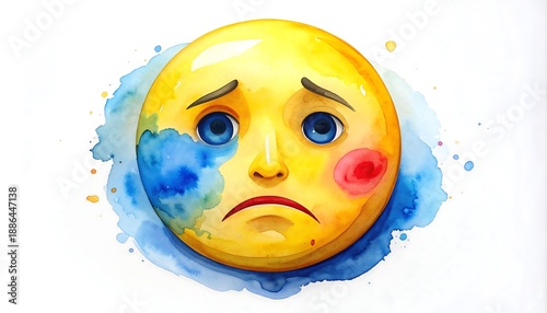 Sad yellow face with blue eyes, watercolor splatters of blue, yellow, and red on a white background