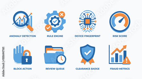 Anti-Fraud and Risk Management Icons Set. Anomaly Detection, Device Fingerprint, Risk Score, Rule Engine, and Security Metrics 3D Vector Collection.