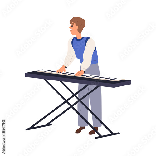 Man musician playing synthesizer, keyboard music instrument performance. Pers...