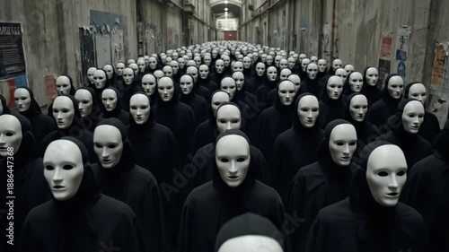Anonymous Crowd of Masked Figures Walking in Tight Formation