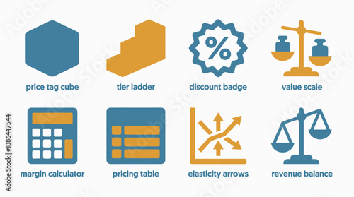 Pricing Strategy and Economics Icon Set. Business Finance Symbols: Tiered Value, Discount, Margin Calculator, Revenue Balance, and Price Elasticity Concepts.