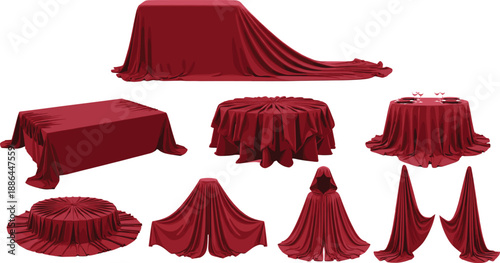 Set of elegant red fabric drapery featuring luxurious tablecloths, hooded capes, and decorative velvet curtains isolated on white background for event and fashion design.