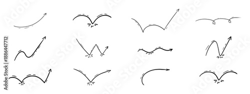Bounce jump line, arrow. Squiggly comic trajectory movement. Set motion thin line free hand sketch drawing. Curve directions manga effect