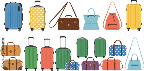Set of colorful travel luggage including rolling suitcases, duffel bags, and backpacks isolated on white for tourism, vacation planning, and transportation concepts.