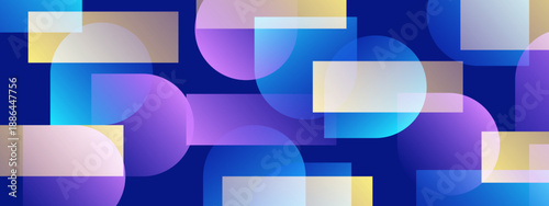 Elegant dark blue background featuring translucent purple and yellow geometric shapes with soft glow