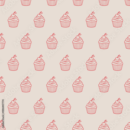 Vector seamless pattern with red linear cherry cupcakes on a light background