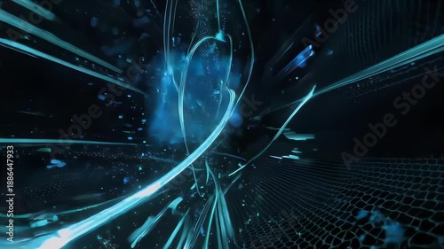 Abstract art of swirling lines and particles in deep blues and greens