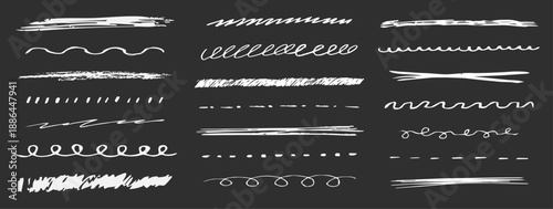 Underline chalk lines and squiggles set, hand drawn doodle sketch underlines thick line border, swoosh. Textured sketchy crayon brush scribbles or wavy strokes