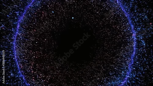 A glowing purple halo surrounds a black void with sparkling particles