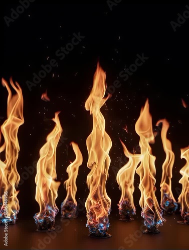 Vertical flames with blue bases rise against black, with light sparks