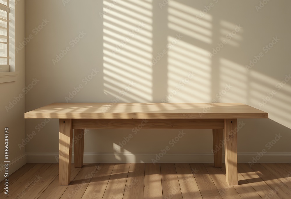 Fototapeta premium Wooden bench interior sunlit minimalist room with natural light