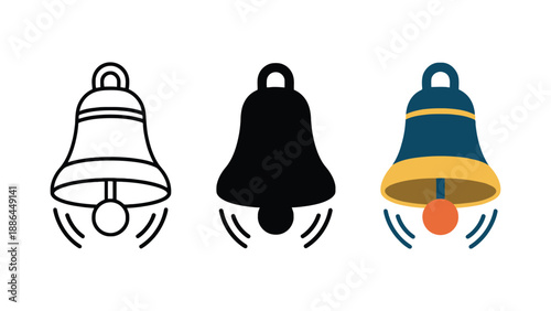 Three colorful bell icons ringing on a white background