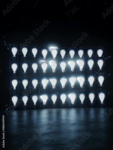 Illuminated bulbs in grid formation, casting glow on a dark surface