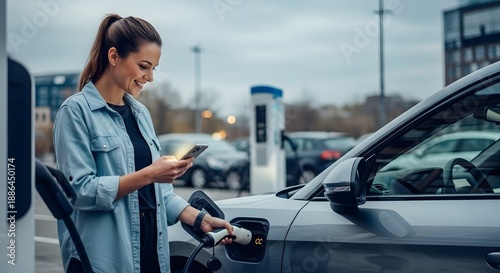 Smiling woman charging electric car at charging station looking at phone