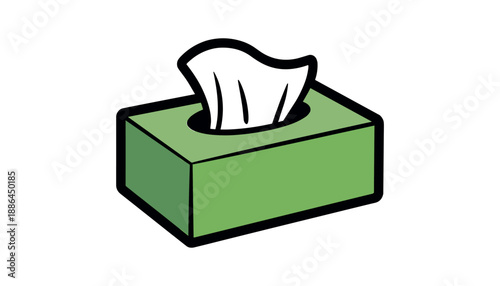 Green tissue box with one tissue sticking out cartoon solid in white background