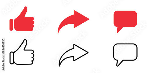 Social Media Interaction Icons Set Like Share Comment Buttons in Flat and Outline Style Red and Black UI Symbols for Web Apps Blogs Marketing Interface Design