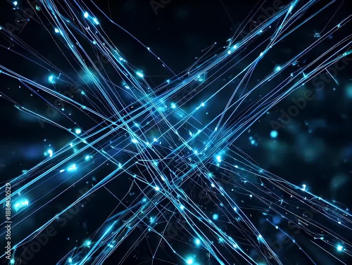 Abstract blue network of lines and dots, crossing on dark background