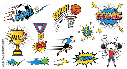 Vibrant Sports Icons Depicting Action and Victory