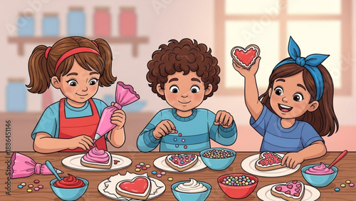 Three happy children decorating heart-shaped cookies with frosting and sprinkles fun baking activity for kids sweet holiday treat preparation