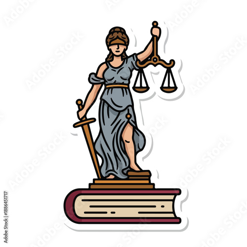 Lady Justice Cartoon Character Holding Scales.
