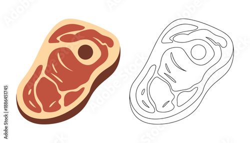 Raw steak cuts with bone and outline raw meat beef solid in white background