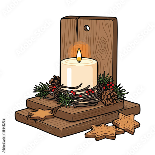 Lit Candle on Wooden Holder with Decorations.