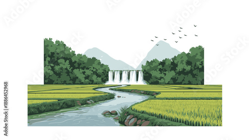 Serene landscape with a winding river flowing through lush green fields and trees towards a white building under a mountain range with birds flying overhead in a peaceful natural setting.