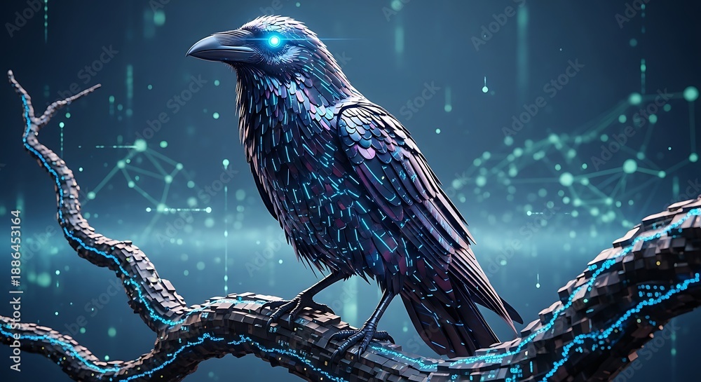 Fototapeta premium Futuristic digital raven perched on a branch with neon blue glow.