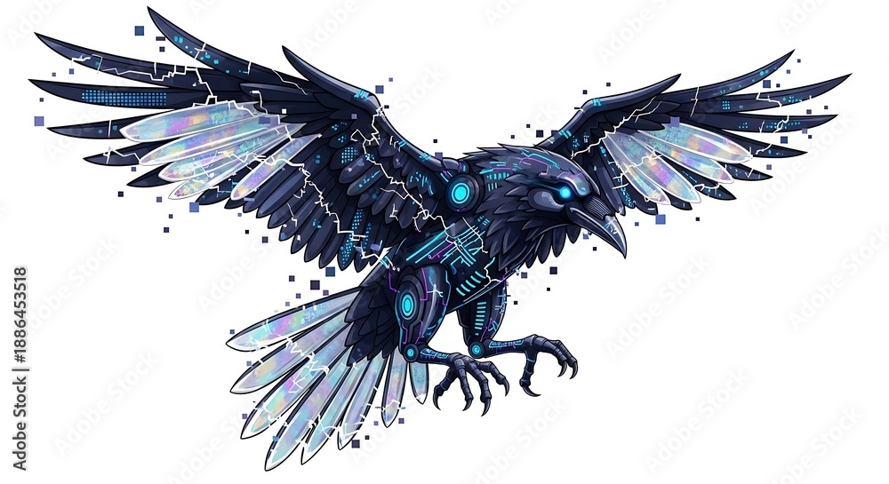 Obraz premium Striking digital illustration of a cybernetic raven with glowing blue accents and iridescent wings in dynamic flight.