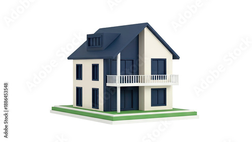 Modern Two-Story House with Blue Accents and Balcony