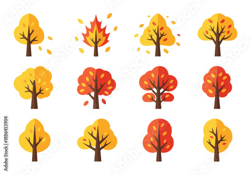 Vector illustration set of stylized autumn trees. A collection of flat design icons showing fall foliage with yellow, orange, and red leaves