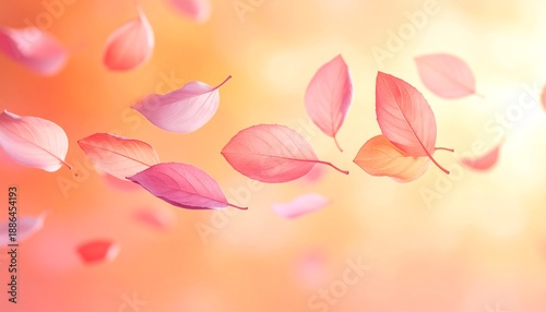 Softly pink leaves drift across a warm, blurred orange and yellow background, creating a gentle, serene mood