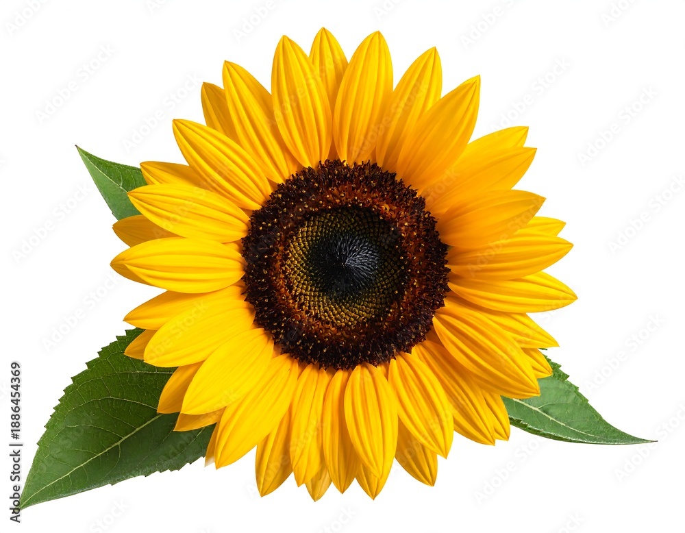 Fototapeta premium Vibrant sunflower blossom with dark center and green leaves.