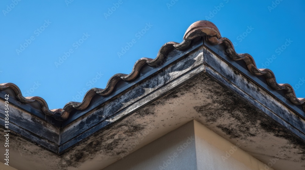 Obraz premium Roof edge with tiles showing signs of wear and dirt under a blue sky during daytime