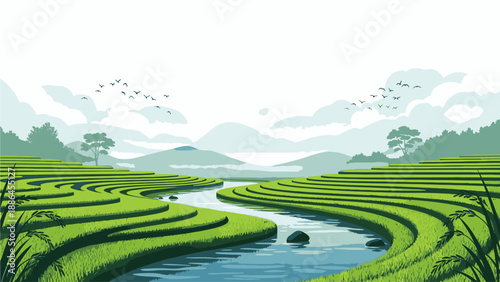 Illustration of a serene landscape with a winding river through green rice terraces, hills, trees, and a cloudy sky.